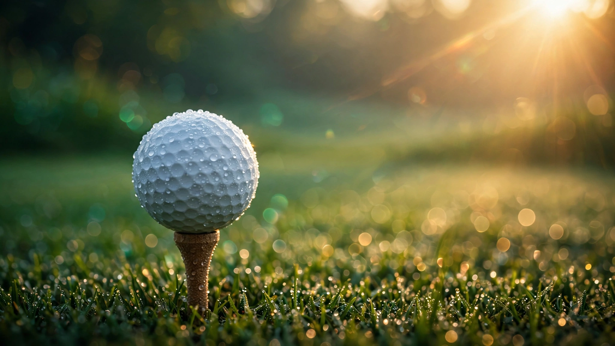 Golf ball on a tee at dawn with dew-covered grass