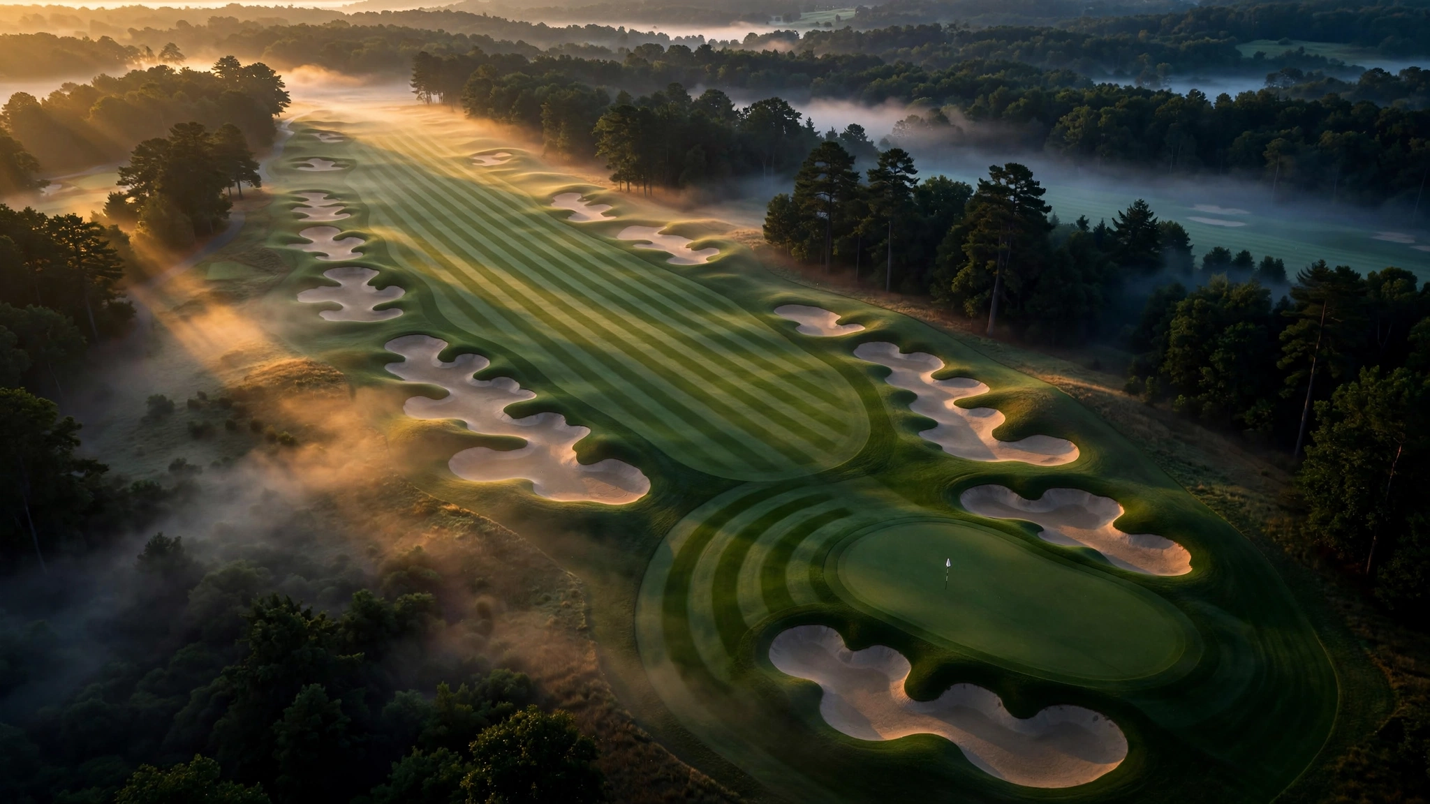 Dawn aerial view of a championship golf hole with striped fairways and morning mist